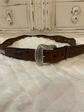 Larry Mahan Brown Leather Western Belt with Engraved Silver Buckle